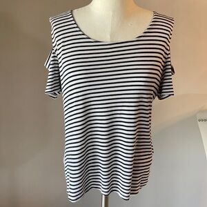 Anthropologie W5 cold shoulder women’s top. Striped High low pleat back Size L